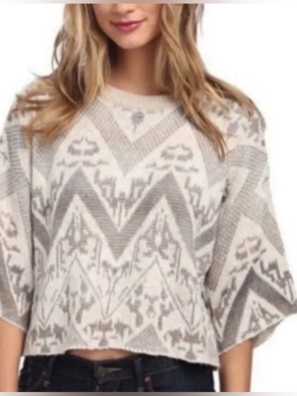 Free People Cropped Geometric Crew Neck Sweater Size Large
